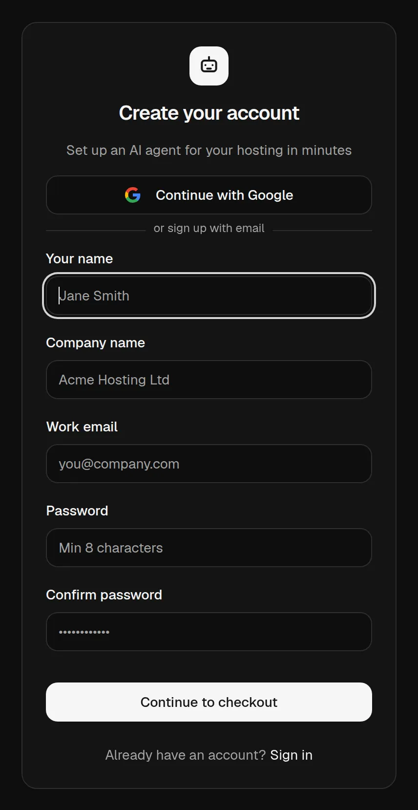 Panelbot sign-up form showing name, company name, work email, and password fields