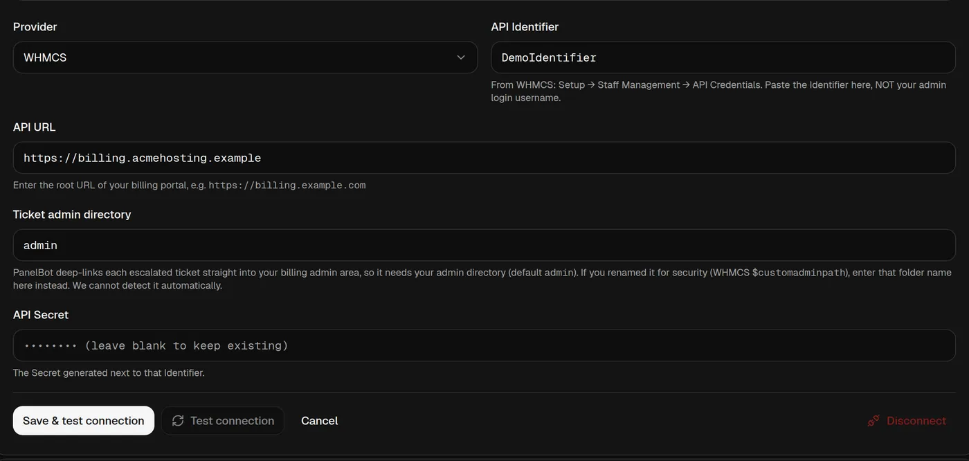Panelbot billing connection form showing provider selector, API URL, API identifier and secret, and ticket admin directory fields