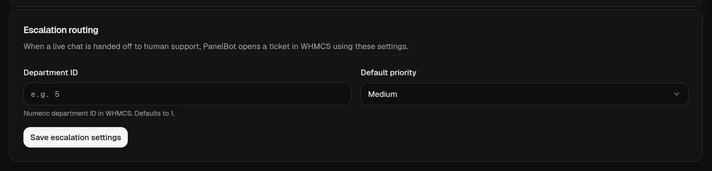 Escalation routing card showing the Department ID field and Default priority selector