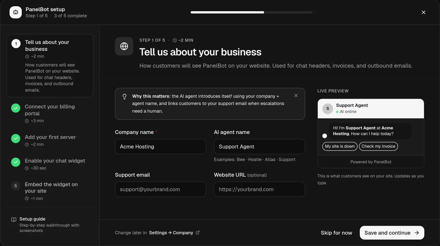 Panelbot onboarding wizard showing the five-step progress bar and current step