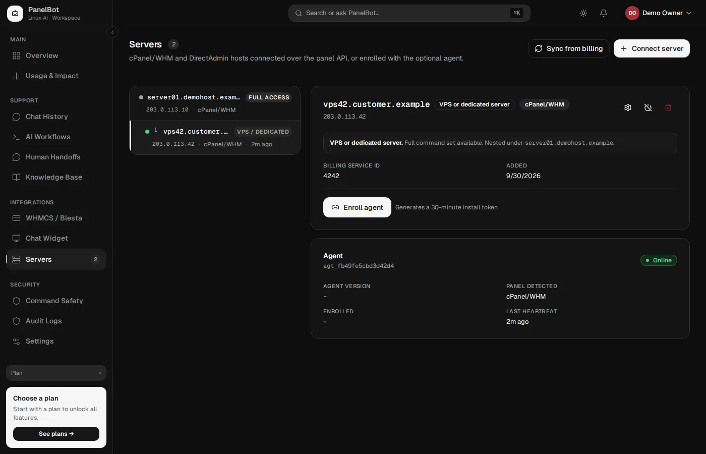 Server agent card showing Online status with agent version, detected panel, and last heartbeat
