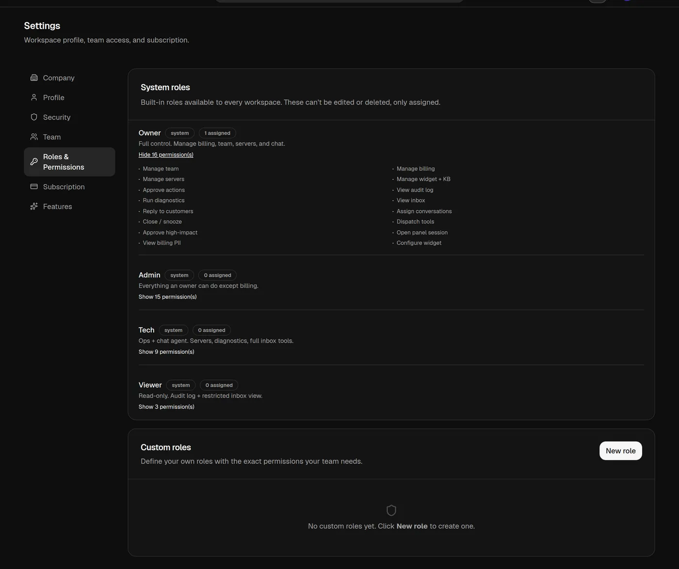 New custom role dialog showing the name field and the permission catalog grouped by area