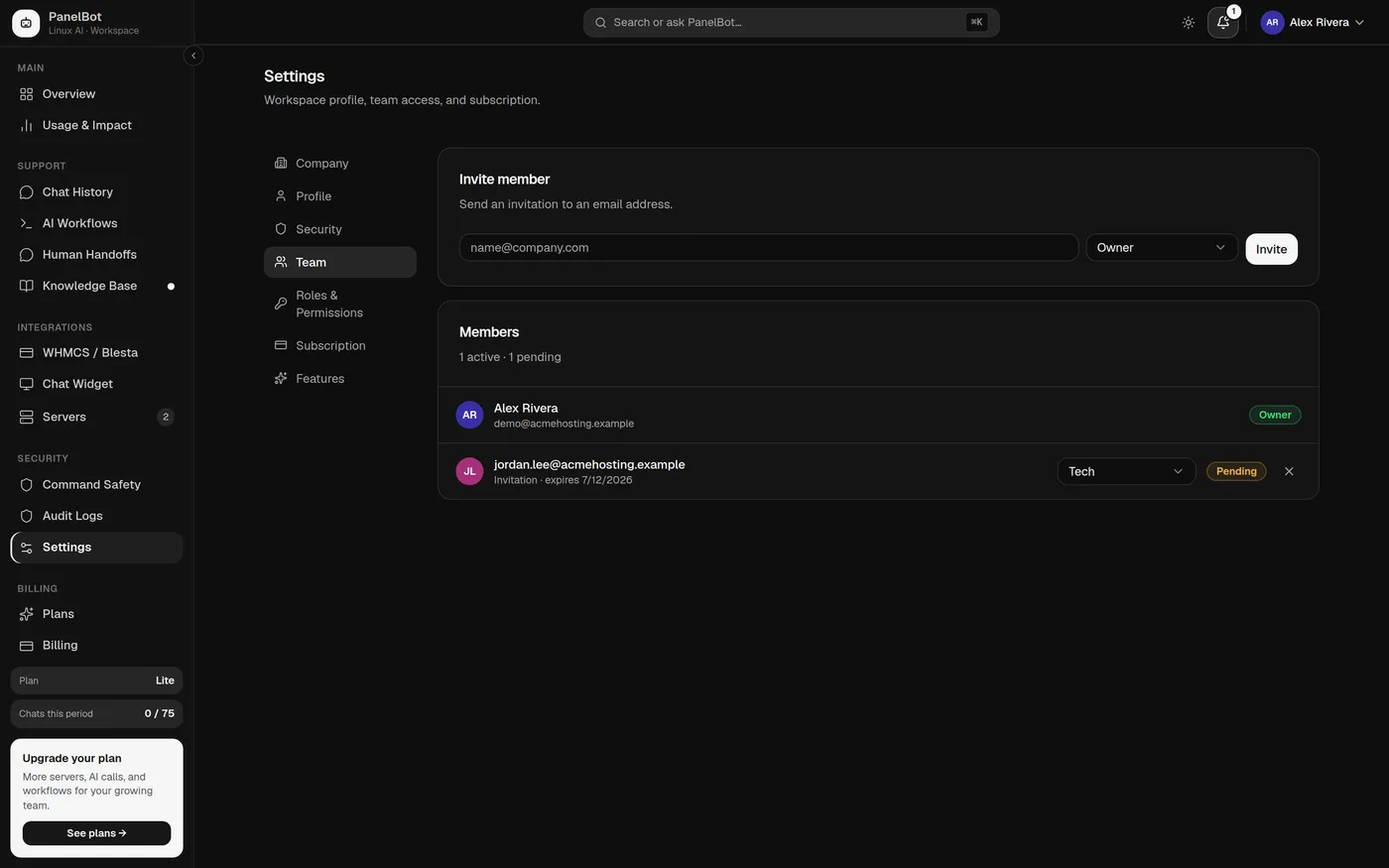 Invite member card in Settings showing the email address field and role selector
