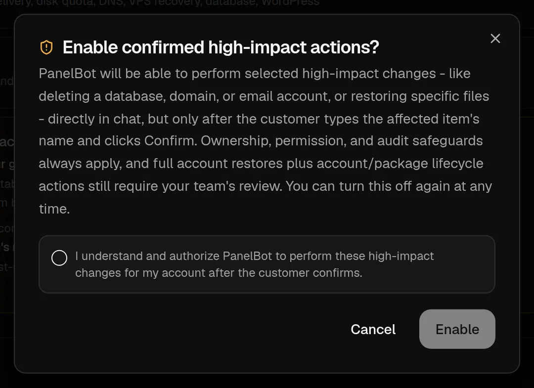 Consent dialog for enabling confirmed high-impact actions showing the authorization checkbox and Enable button