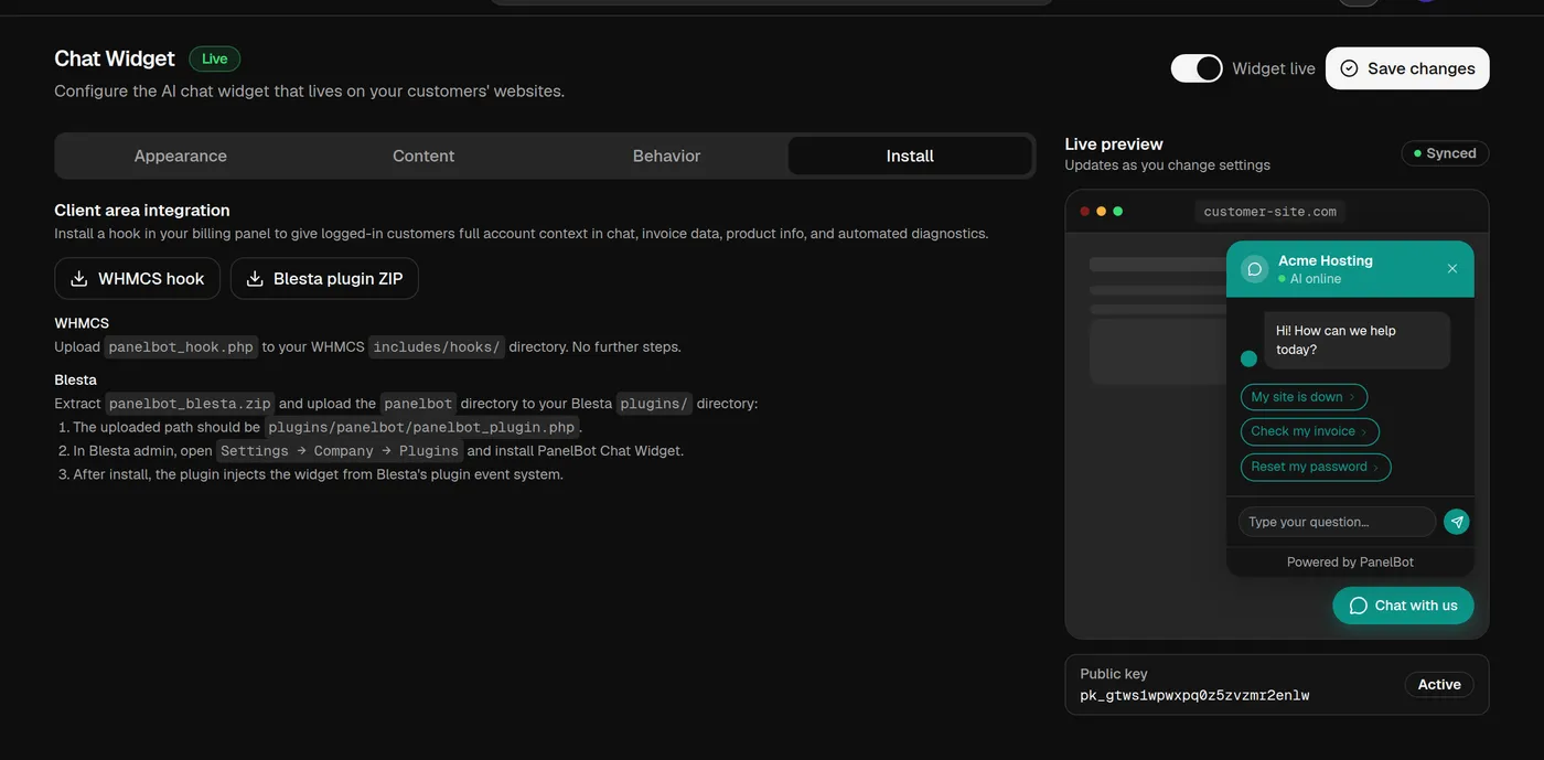 Widget Install tab showing the Client area integration section with WHMCS hook and Blesta plugin download buttons